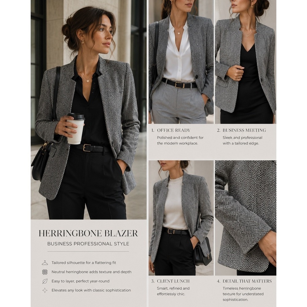 Mina Self Womens Herringbone Blazer Black White Open Front‎ Jacket Size L New